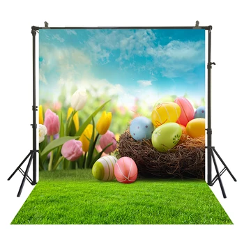 

HUAYI green gress background flowers and colorful eggs backdrop background for taking photos of Easter day W-3814
