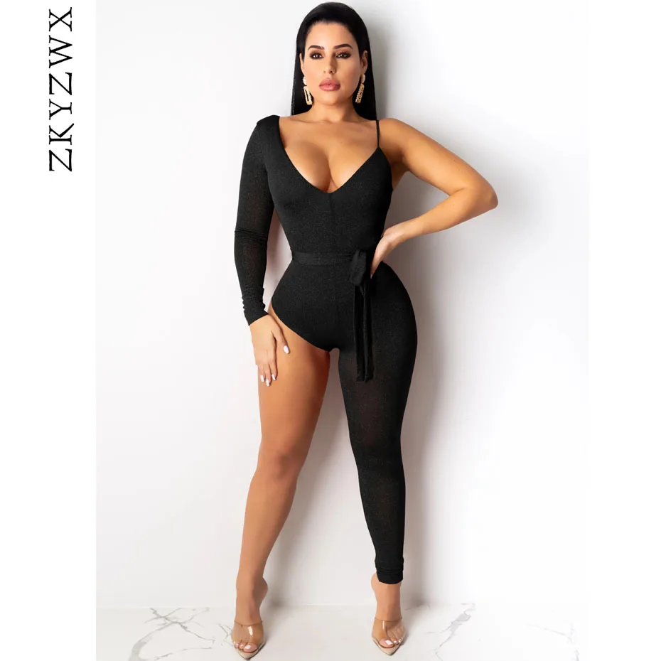 

ZKYZWX Sexy One Shoulder Jumpsuit Fashion Nova Festival Overalls One Piece Outfits Club Bodysuit Bodycon Rompers Womens Jumpsuit