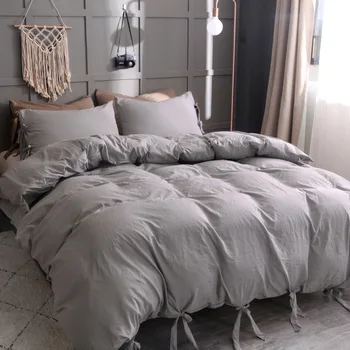 

Lace-Up Solid Color Polyester Soft Duvet Cover Set Home Textile Simple Gray Bedding Sets 2/3pcs Quilt Cover Pillowcase Bed Linen