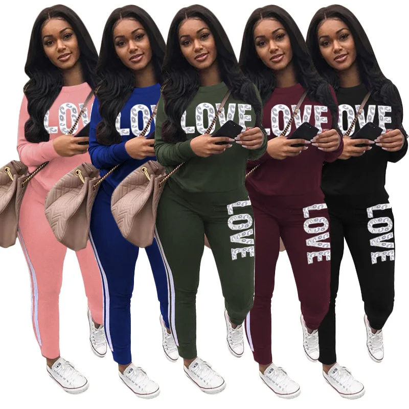 

Leopard LOVE Letters Print Women Sporting Suit Two Piece Set Tracksuit Long Sleeve Pullovers Sweatshirts Jogging Pants Suit 3XL