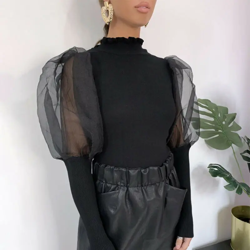 

2020 Womens Blouses And Tops Long Puff Sleeve Sheer Shirt Casual Basic Tunic Top Mesh Shirts Loose Blouse Ruffle Office Shirt