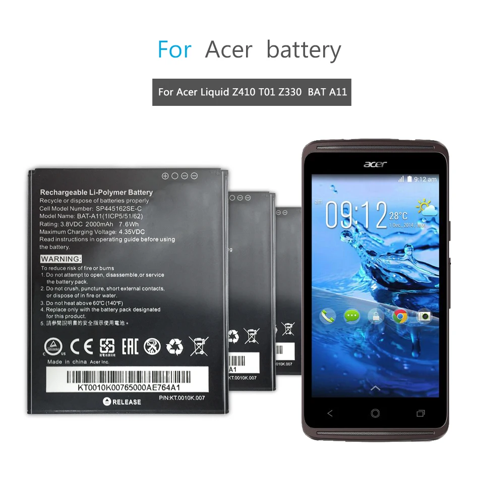 2000 мА/ч, Батарея для ACER BAT-A11 жидкости Z410 T01 Z330 KT.0010K. 007