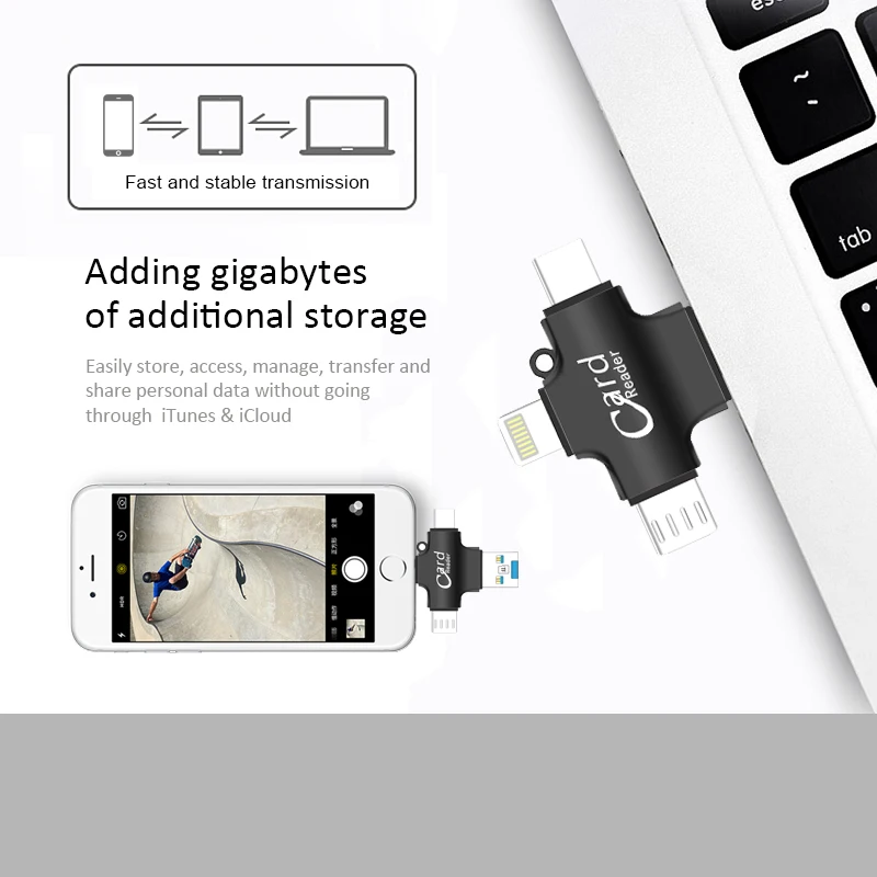 4 в 1 кард-ридер для Micro SD карты/TF карты/iPhone/type-c/смартфон USB 2,0 OTG кард-ридер Внешняя память