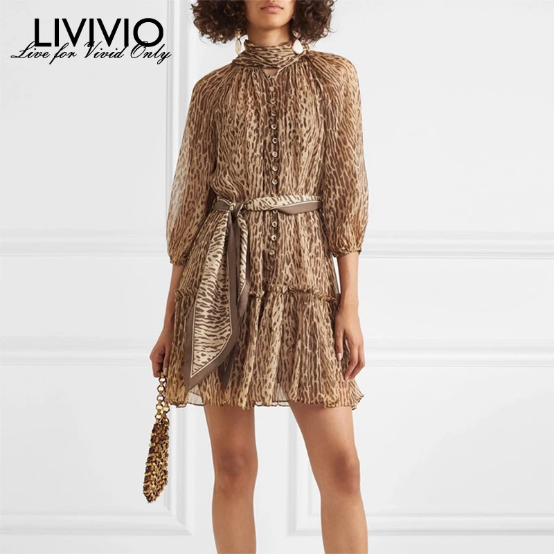 

[LIVIVIO] Leopard Dress For Women Bowe Neck Puff Sleeve with Sash High Waist Vintage Ruffle Female Dresses 2019 Autumn Fashion
