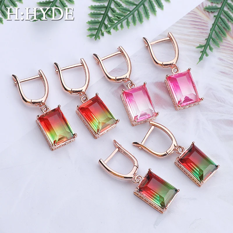 H:HYDE Colorful Crystal Earrings For Women Girls CZ Square Shape Hoop Earrings Statement Wedding Fashion Jewelry pendientes