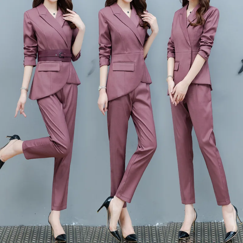 

Photo Shoot 2019 Autumn Large Lapel Waist Hugging Irregular Belt Girdle Suit Two-Piece Set Decoration Body Elegant Fashion