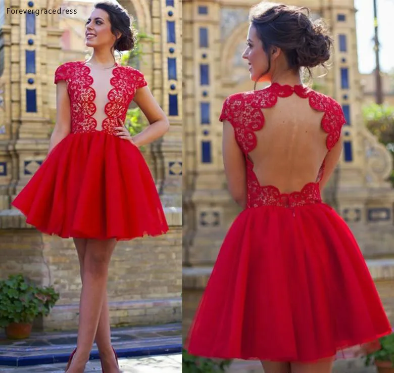 Cap Sleeves Red Lace Homecoming Dresses 2017 Open Back Short Cocktail Dresses Sheer Plunging Neckline Party Wear Gowns 94 (2)