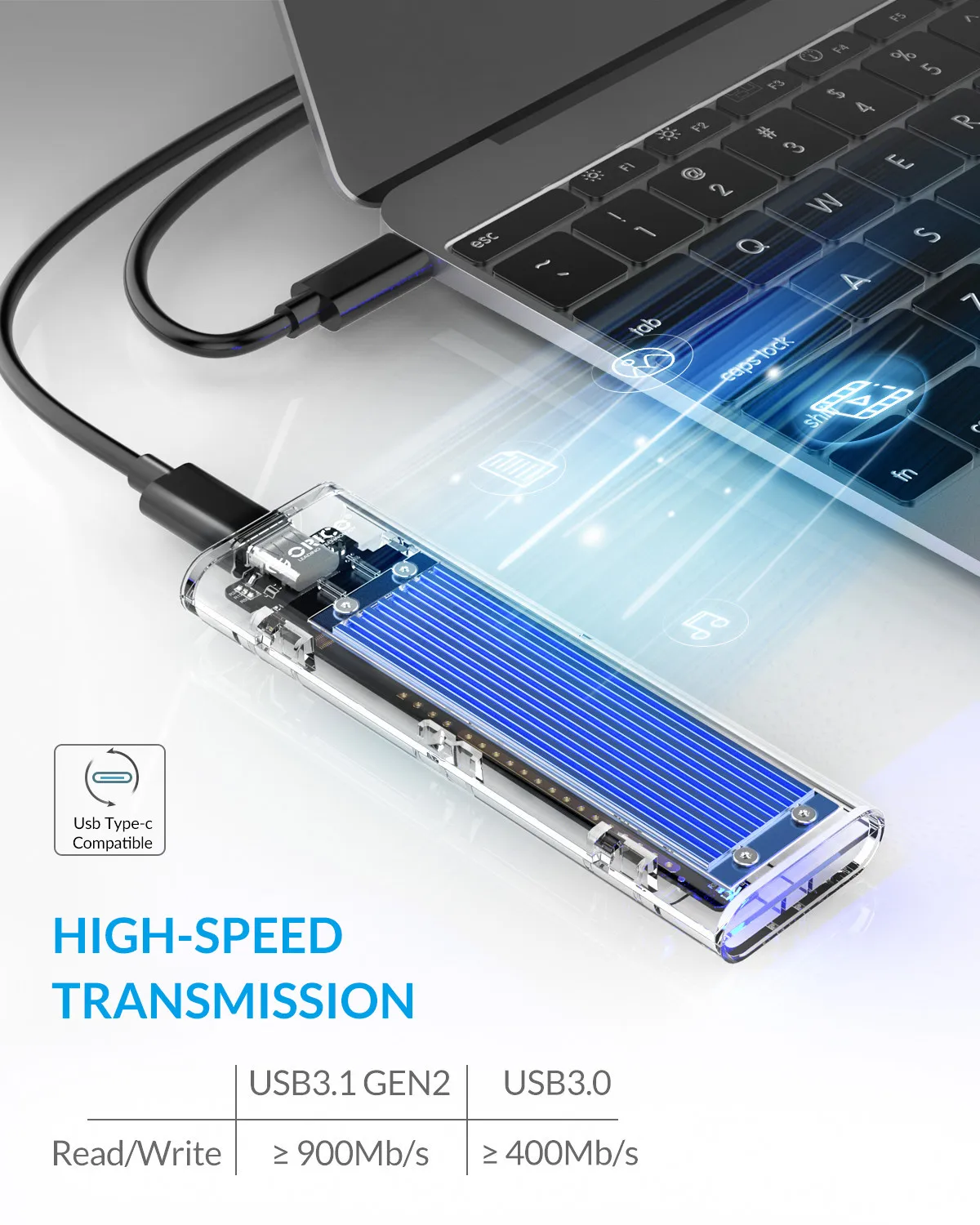 ORICO NVME M.2 к корпусу SSD type-c M ключ прозрачный внешний USB3.1 Gen2 10 Гбит/с Mini USB C SSD Чехол Поддержка UASP 2 ТБ JMS578