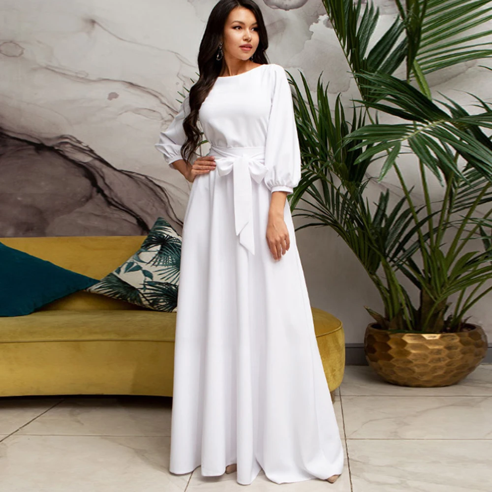 Siskakia Midi Dress Elegant Solid Bow Bandage Slim Waist Swing Party Dresses Lantern Sleeve O Neck Summer Clothing for Women Siskakia Midi Dress Elegant Solid Bow Bandage Slim Waist Swing Party Dresses Lantern Sleeve O Neck Summer Clothing for Women