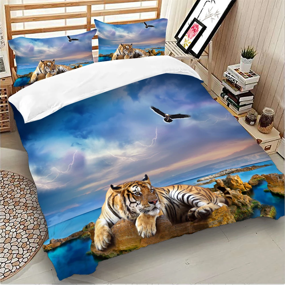 Комплект для кровати с принтом «Тигр», 3D принт, пододеяльник с наволочкой, Синий вид природы океана, постельное белье, двойной полный королева, размер King, постельное белье, 3 шт