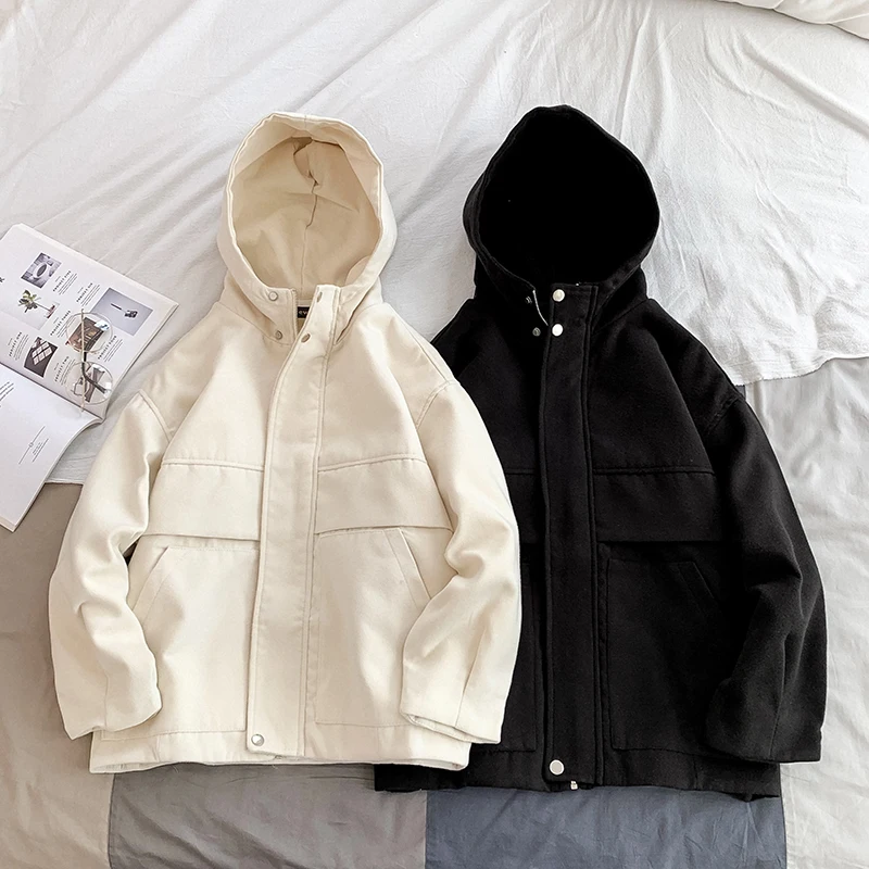 

Winter New Short Woolen Coat Men Fashion Solid Color Casual Hooded Woolen Jacket Man Streetwear Wild Loose Warm Male Clothes