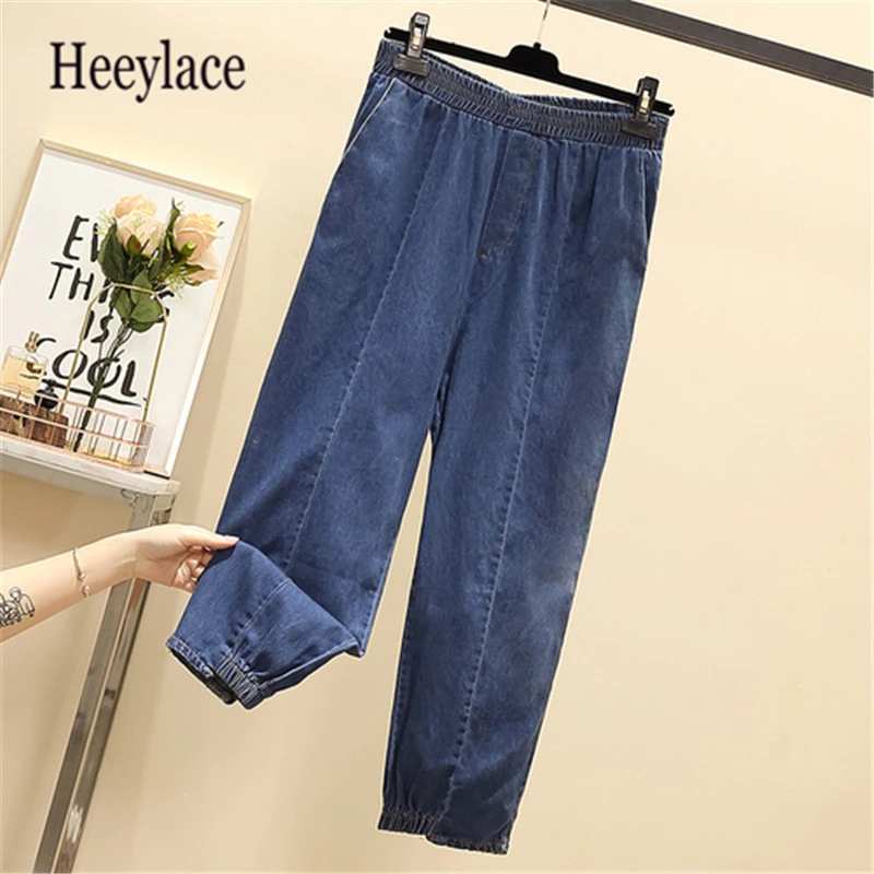 

Plus Size 2019 Autumn Jeans Women Nine Length Elastic Force Black Blue Casual Jeans Big Pocket Leisure Pants 5XL