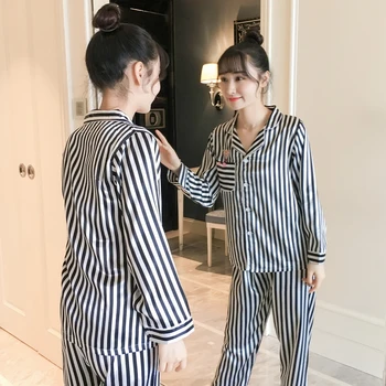 

Silk Satin Casual Striped Pajamas Sets For Women 2020 Autumn Long Sleeve Pyjamas Female Loungewear Homewear Pijama Home Clothing