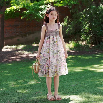 

Big Girls Summer Beach Dress New Kids Girls Chiffon Floral Dresses Fashion Children Clothes Cute Sleeveless Dress Retro, #0019