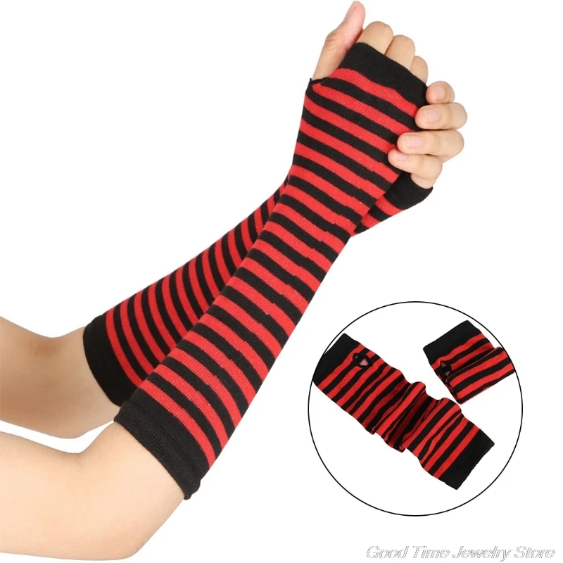 

Женские зимние теплые вязаные длинные перчатки без пальцев, вязаные крючком, в полоску