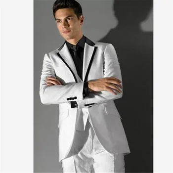 

New elegant men suit Design Black&White Splicing Collar White Charming Groom Tuxedos For Men Wedding Men's suit 3 piece set (ja