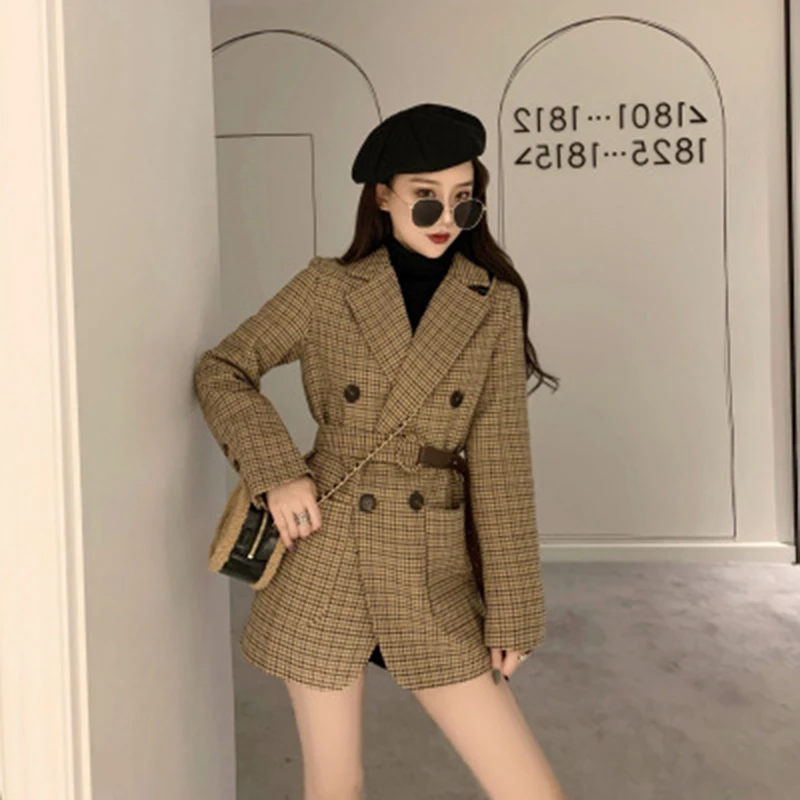 2020 Autumn Winter Plaid Blazer Women Long Casual Coat Vintage Double Breasted Houndstooth Tweed Wool Ladies Suit Jacket Female