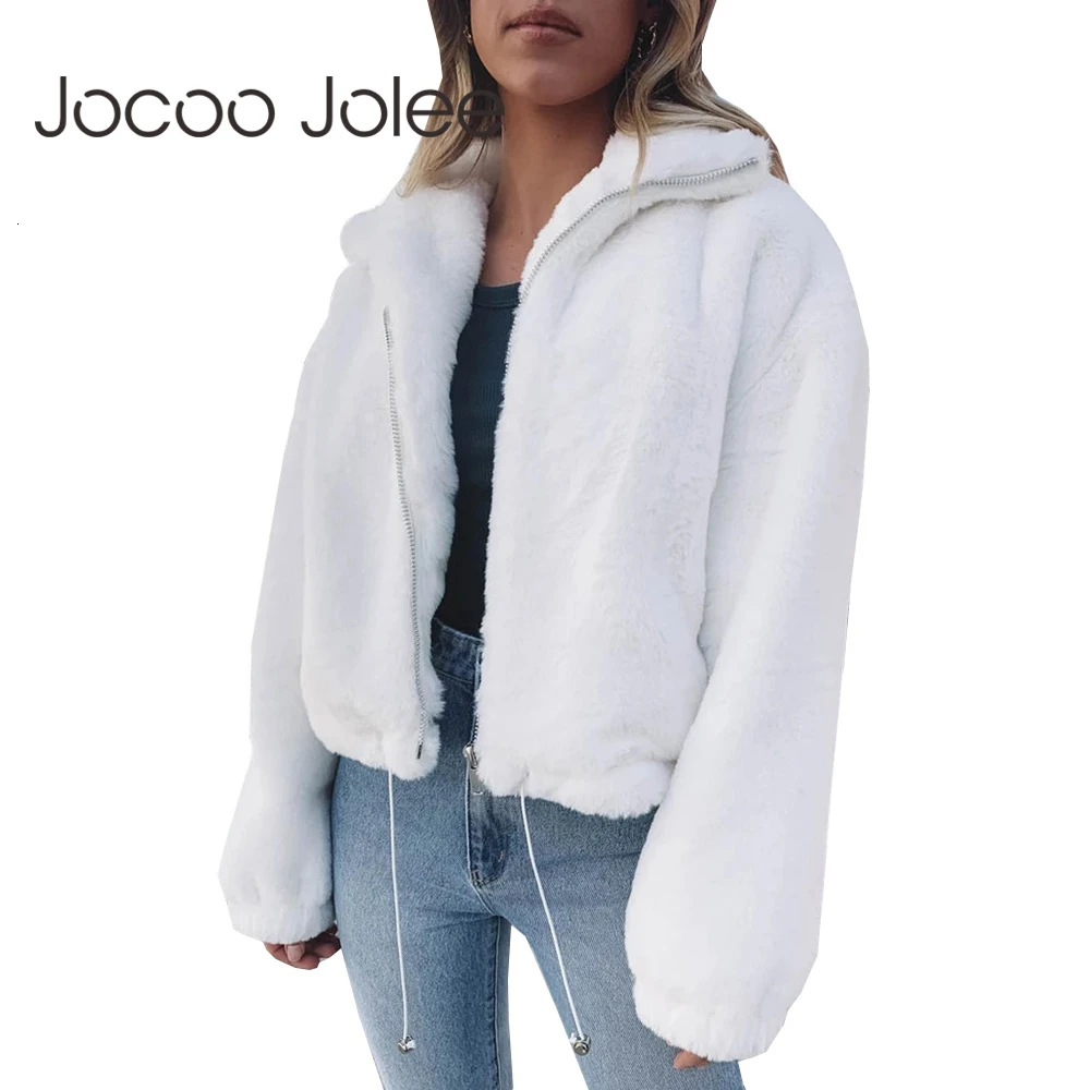 Jocoo Jolee женское элегантное белое пальто из искусственного меха зимняя теплая плюшевая теплая куртка женские плюшевые пальто повседневная верхняя одежда на молнии негабаритных размеров