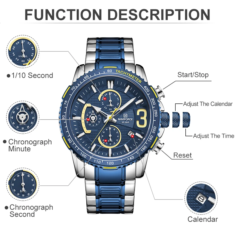 NAVIFORCE для мужчин жужские кварцовые многофункциональный хронограф спортивные
