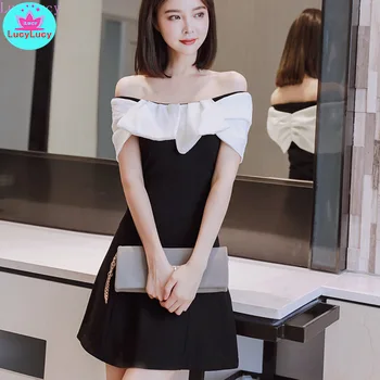 

2019 summer new women's ladies word collar off the shoulder color raglan sleeves waist slimming dress