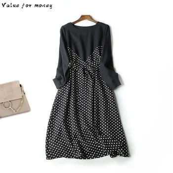 

point Wavelet splicing dress 2020 autumn new light luxury style medium length wool long sleeve dress women's