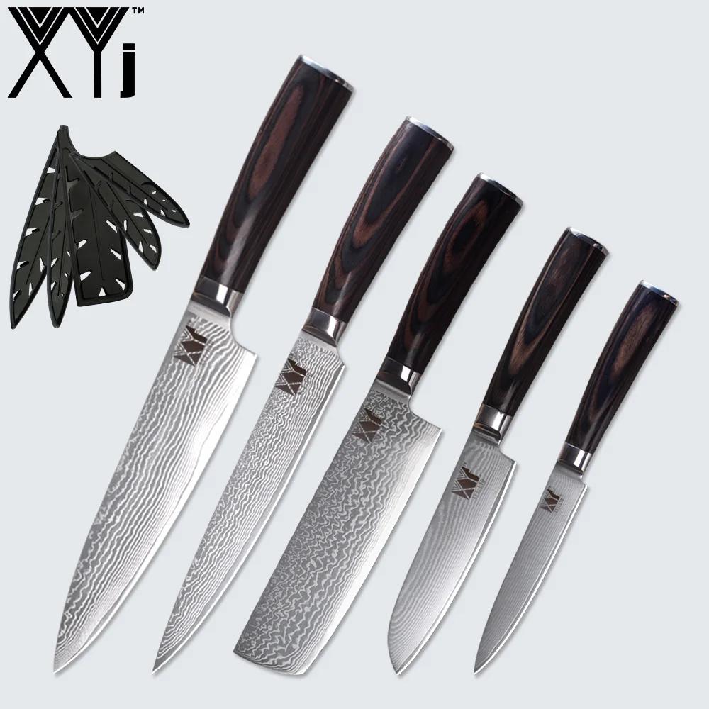 D.5PCS SET XYj дамасский стальной нож шеф-повара VG10 Набор ножей высококачественный японский дамасский стальной цветной деревянной ручкой ручной работы кухонные инструменты - Цвет: D.5PCS SET