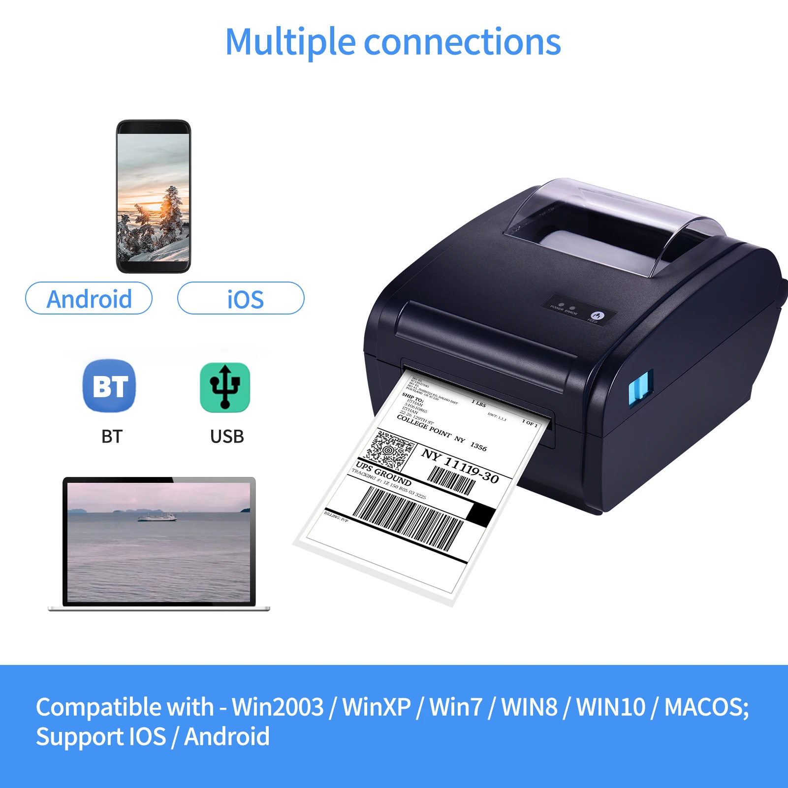 105mm Desktop Thermal Label Printer for 4x6 Shipping Package Label 160mm/s USB&BT Printer Label Maker Sticker Max.110mm Paper