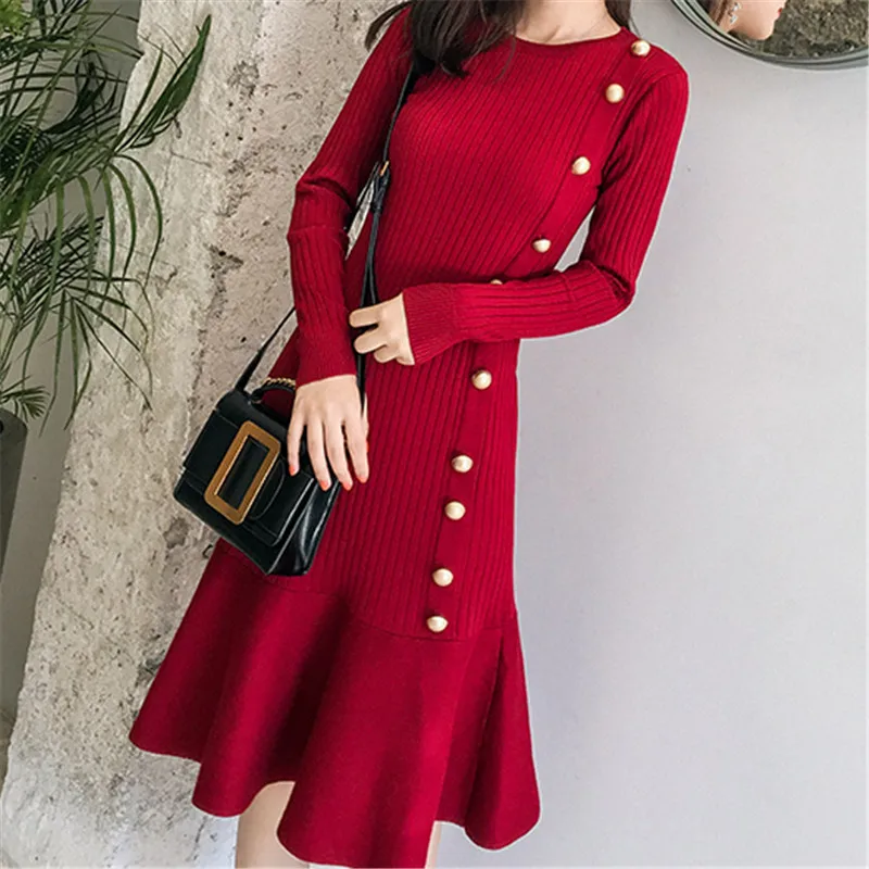 Online Korean Mode Frauen Pullover Kleid Elegante Frauen Bodycon Kleid Plus Größe Winter Kleider Frauen 2019 Vestido Frau Faltete Kleider