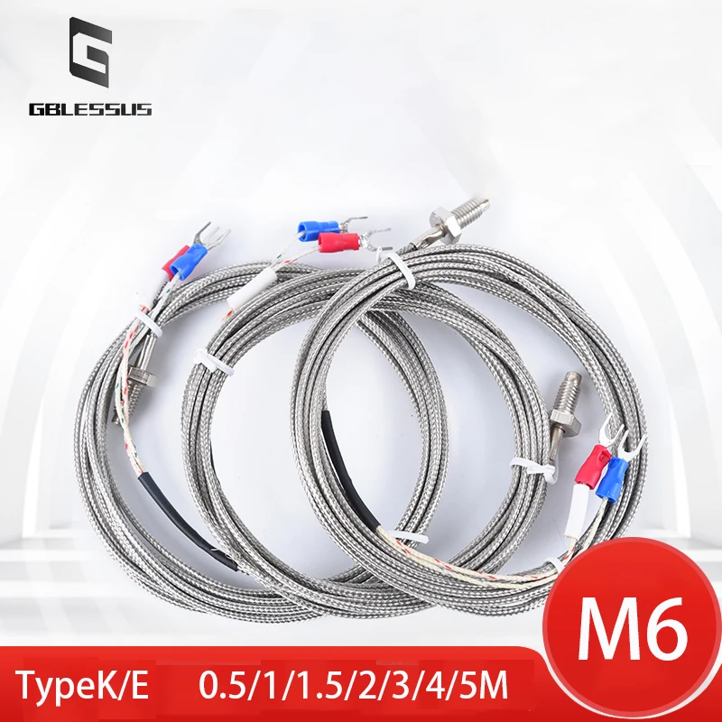 Temperature Sensor M6 Thermocouple Thread Type K/E 0-800℃ Shielded Probe Thermal Resistance 0.5/1/1.5/2/3/4/5M