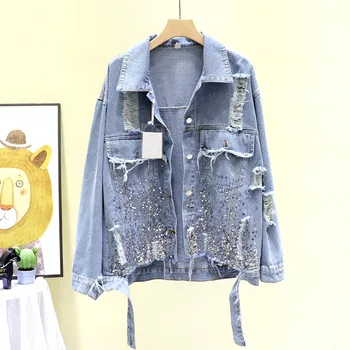 

Streetwear Spring Autumn Loose Washed Vintage Sequins Frayed Hole Denim jacket Women Bomber jacket Plus size Casual Jean jacket
