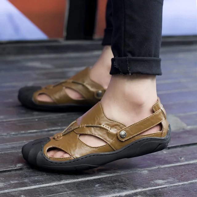 Men Sandals Summer Breathable Flat Sole Beach Shoes Outdoor Trekking Hiking  Non Slip Nubuck Genuine Leather Luxury Sandals Men - Men's Sandals -  AliExpress