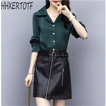 

Women Fashion Autumn Winter Single Breasted Long Sleeve Shirts+ High Waist PU Leather Skirts 2PCS Sets
