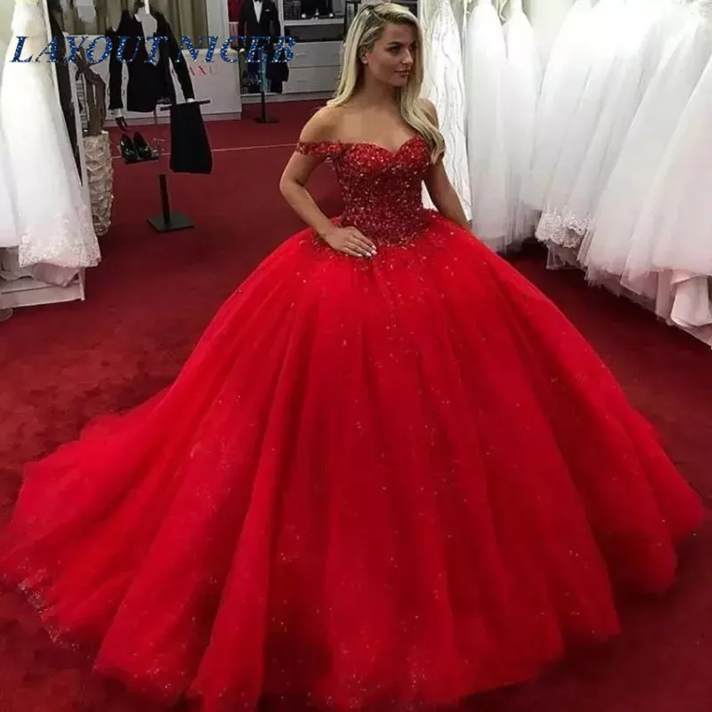 Vestidos De Novia Роскошные Красные Свадебные платья Топ бисером тюль блестящий Принцесса индивидуальный заказ пухлый официальный вечерние платья