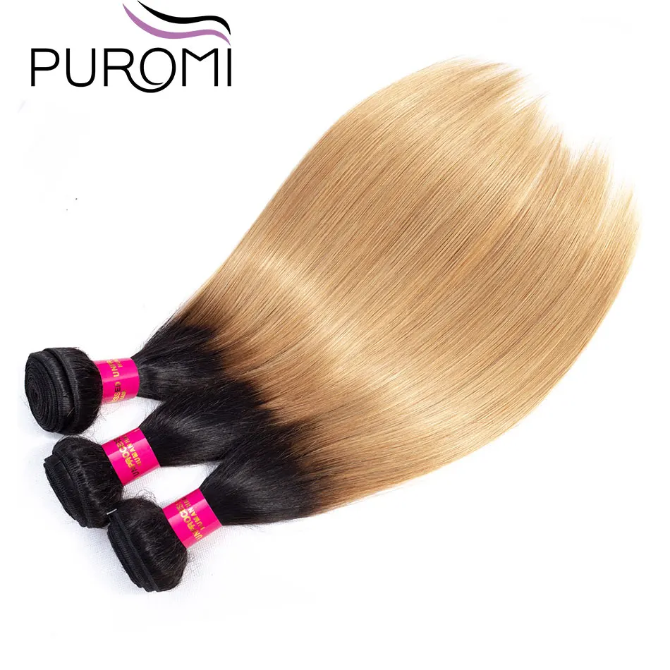 Puromi-extensiones de cabello humano Remy brasileño, pelo liso con 3 mechones, 10-26 pulgadas, Color degradado 1b/27