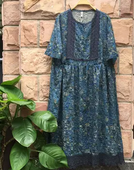 

New Summer Japan style Floral Dress casual O neck loose cotton linen dress