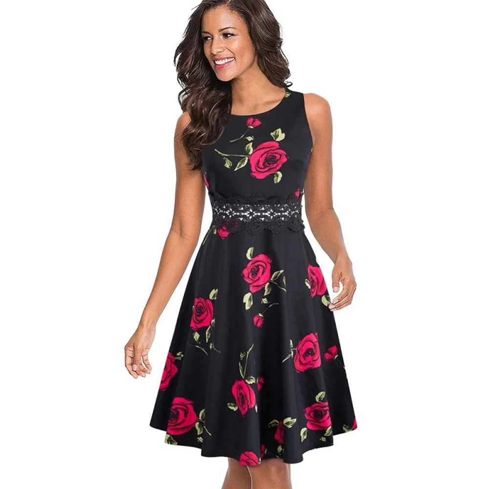Летнее женское платье без рукавов в винтажном стиле, однотонное платье с n принтом для работы, элегантные вечерние платья трапециевидной формы с сборкой на талии EA079 - Цвет: Red Floral and Black