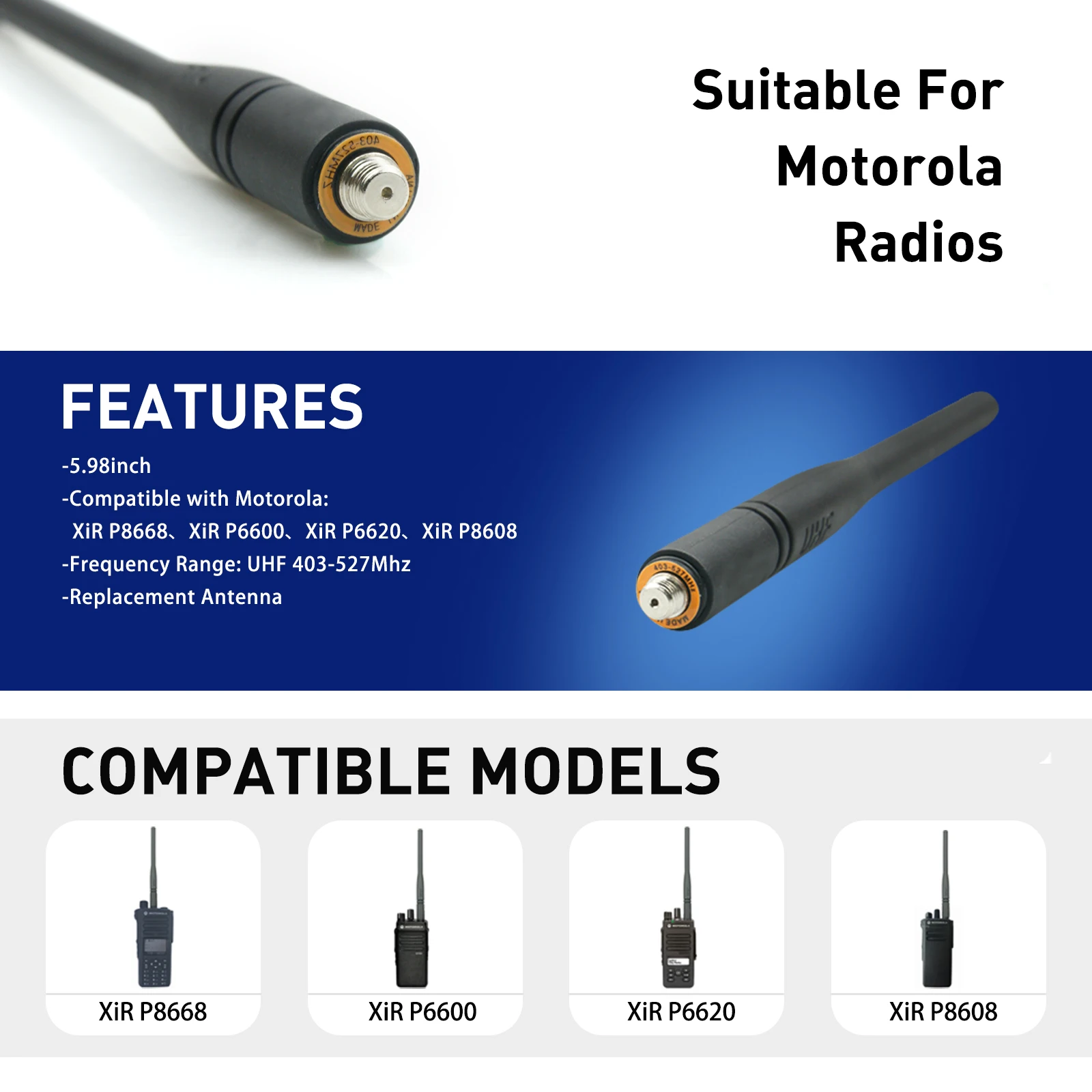 

Motorola 400MHz Long Antenna 15.2cm UHF 403-527Mhz Antenna for Motorola Xir P8668 P6600 P6620 P8608 Digital Two Way Radios