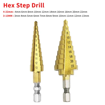 

1pc 3-13mm 4-22mm Hex Shank Titanium Coated Straight Slot Step HSS Hole Cutter Set Step Drill Bit