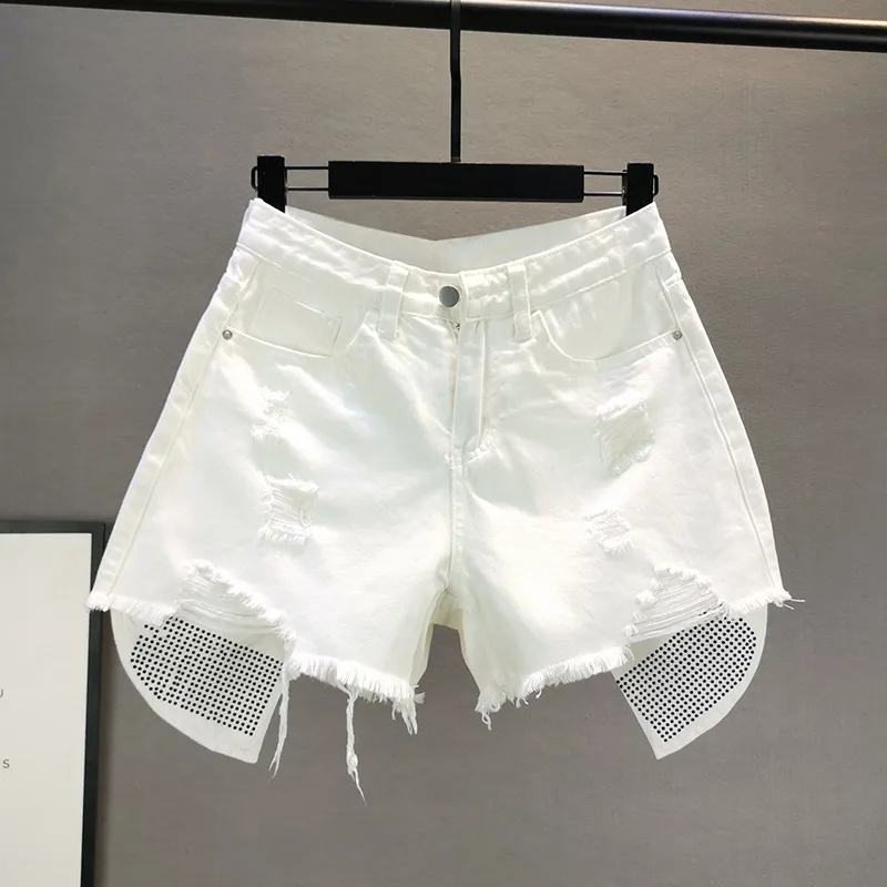 

White Denim Shorts Women 2020 Summer New High Waist Irregular Hot Drilling Holes Hot Pants Fashion Girls Lady's Jean Shorts