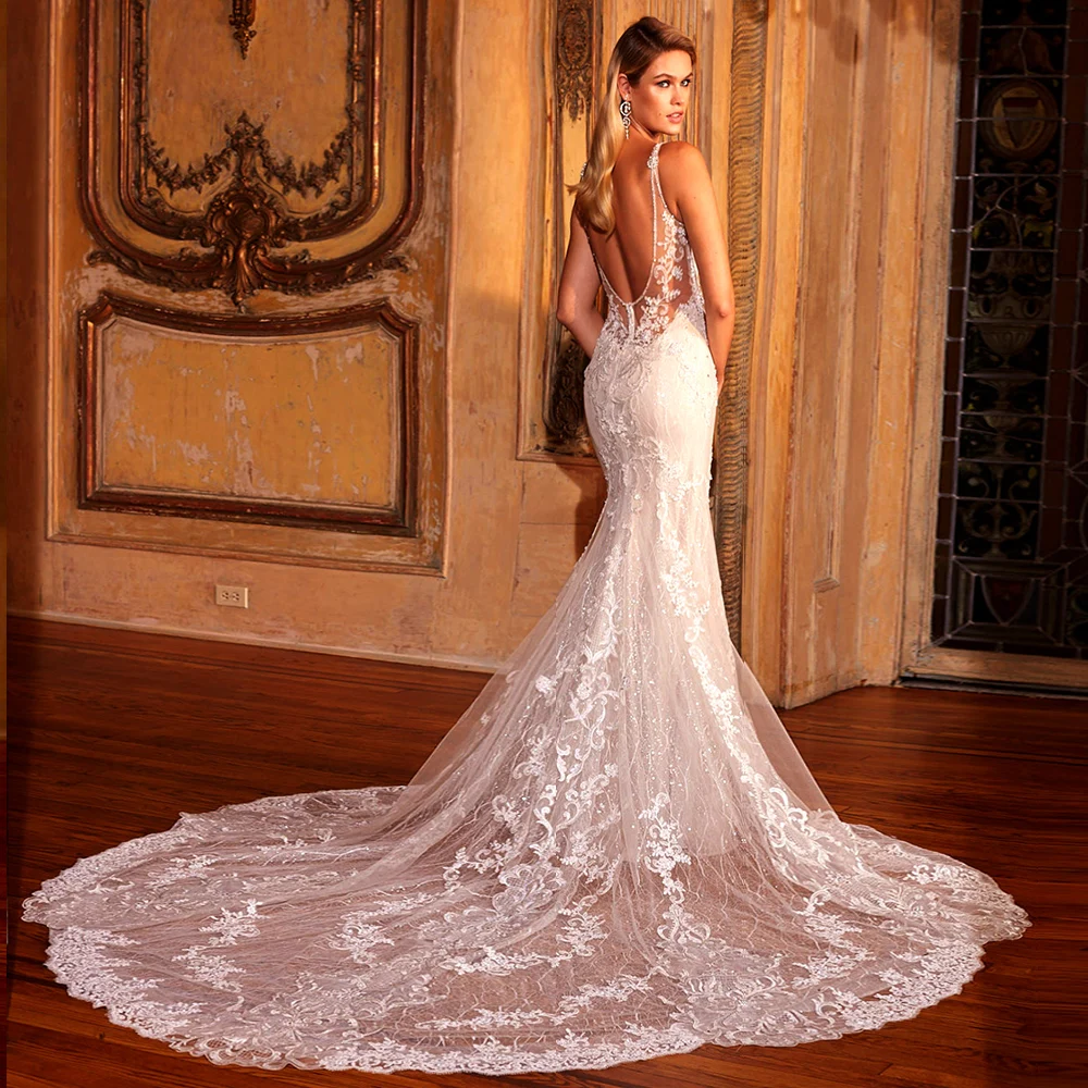 Элегантные блестящие свадебные платья Vestidos De Novia Corte Sirena сексуальное платье с v-образным воротом, свадебное платье с аппликациями и открытой спиной Бисер платья