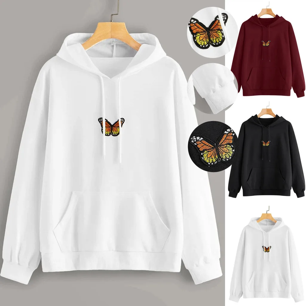 Butterfly Pattern Sport Casual Gray Hoodies Women Fashion Long Sleeve Loose Pullover Pocket Holiday Hip Hop Sweatshirt Outerwear 1
