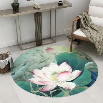 

Chinese Style Home Carpet Yoga Mat Living Room Bedside Bedroom Area Rug Children Play Rug 3D Printing Lotus Round Chair Mats