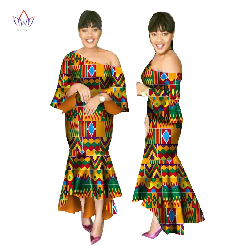 

Summer African Dresses for Women Ankara One-shoulder Dress Batik Wax Print Shuffle Sleeves Mermaid and Maxi Dress WY2247