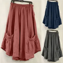 Женская расклешённая и в складку с высокой талией, длинная короткая юбка с карманами, свободная плиссированная юбка, Корейская элегантная повседневная Летняя Студенческая Милая F1