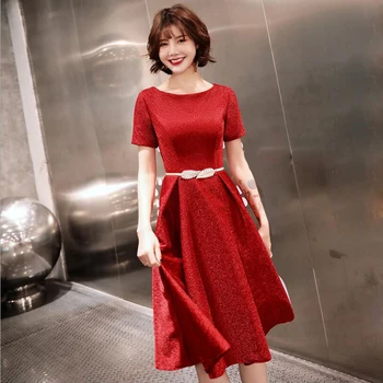 

Elegant Short Sleeves Red black Metal Belt Evening Dress vestido de festa robe soiree prom gowns Formal Party dress