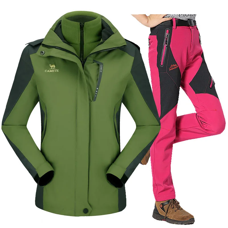 Green Rose red Лыжный костюм для женщин, уличные спортивные лыжные куртки, водонепроницаемая ветрозащитная куртка для сноуборда, штаны, зимние лыжные флисовые комплекты одежды - Цвет: Green Rose red