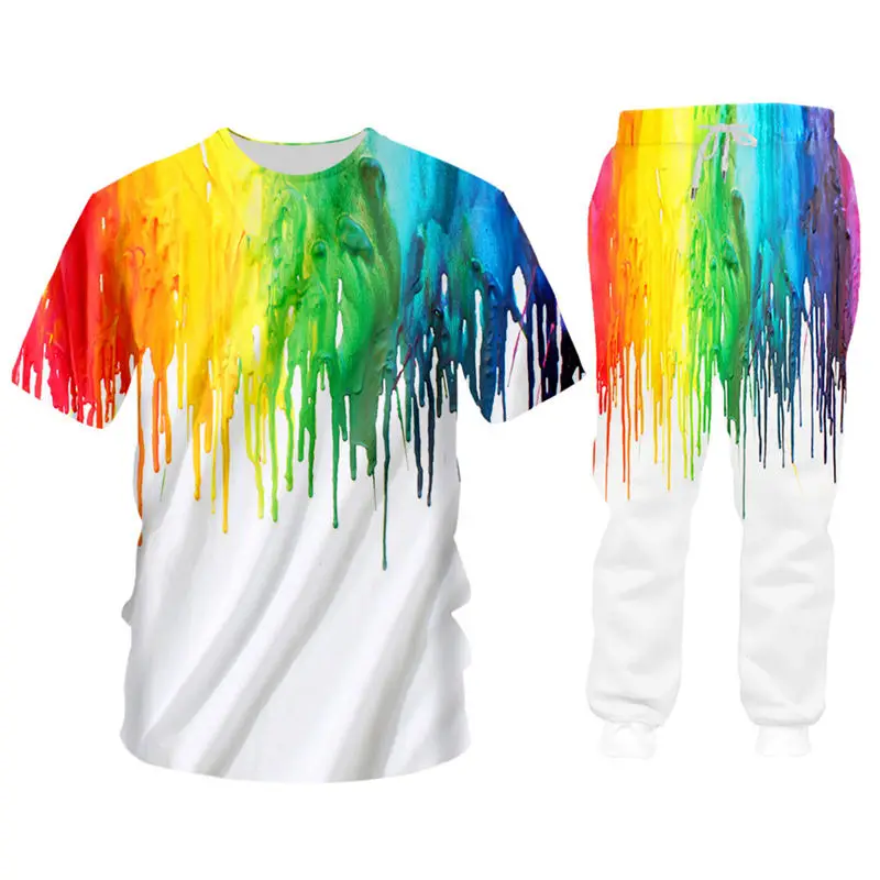 Custom S-7XL Mens Sets Rainbow Splash Print Hoodie Sweatshirt +Jogger Pants 2 Pcs Sets Unisex Casual Zipper Jackets Tee Tank Set (4)