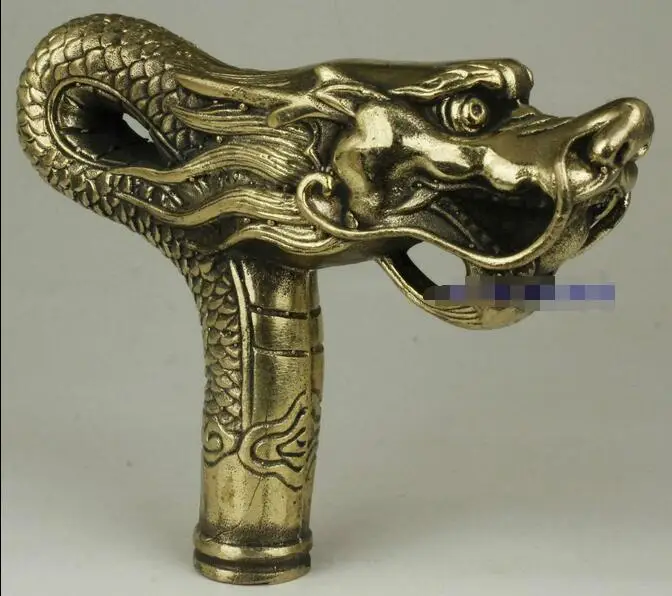 COLLECTABLE OLD BRASS DRAGON STATUE CANE WALKING STICK HEAD HANDLE CHINESE MYTH 