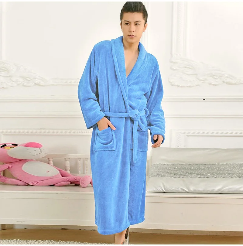 Осенне-зимний модный Одноцветный халат для влюбленных, фланелевый Халат-кимоно с карманами, плотный теплый женский халат с длинным рукавом