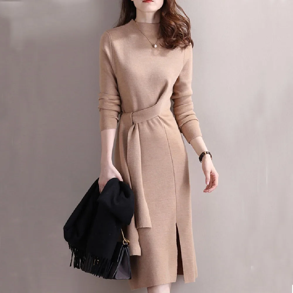 

Vintacy Korean Japan Women Knitted Dress Simple Casual Solid Color Mid-Calf Lace Up Split Dresses Sweater Minimalist Robes OL